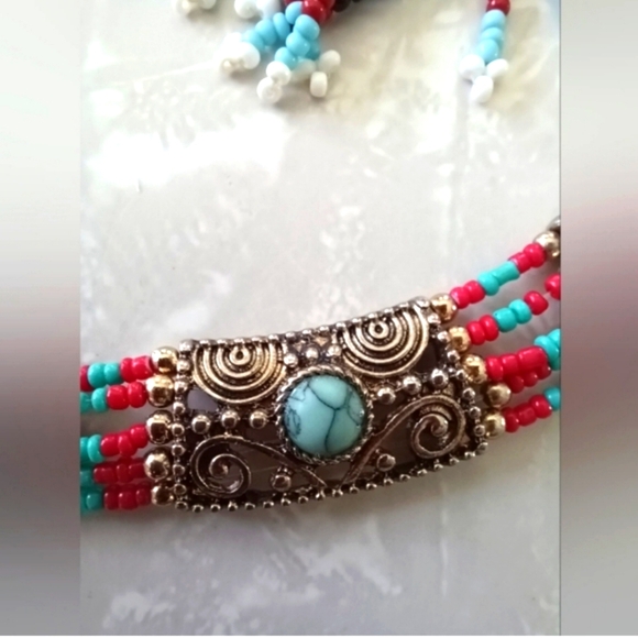 Beaded Necklace and Earrings Red & Turquoise - Picture 2 of 7